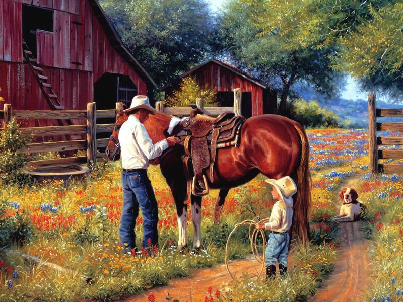 Cowboy and Boy with Horse