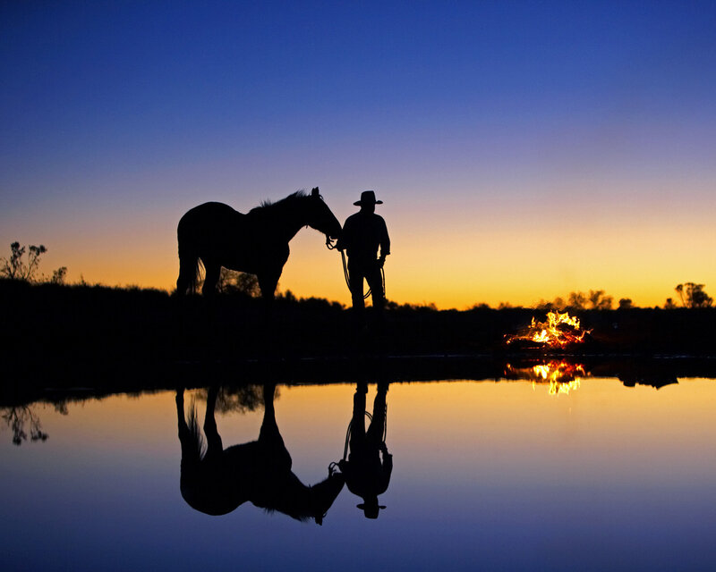 Cowboy and horse at sunset