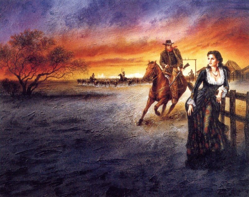Cowboy and woman at sunset