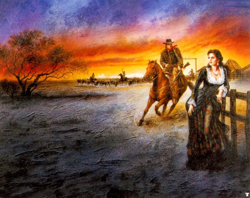 Cowboy and woman at sunset
