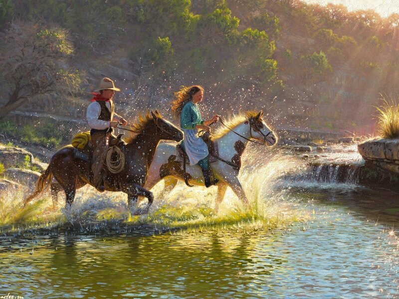 Cowboy and Woman on Horses