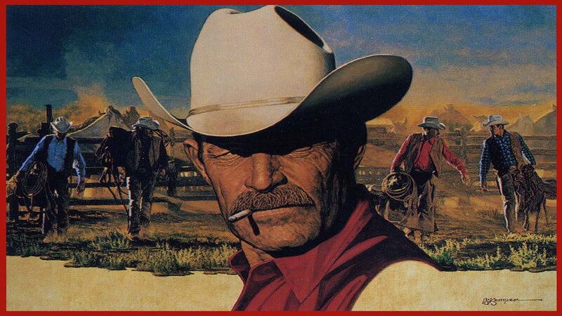 Cowboy at sunset with cattle