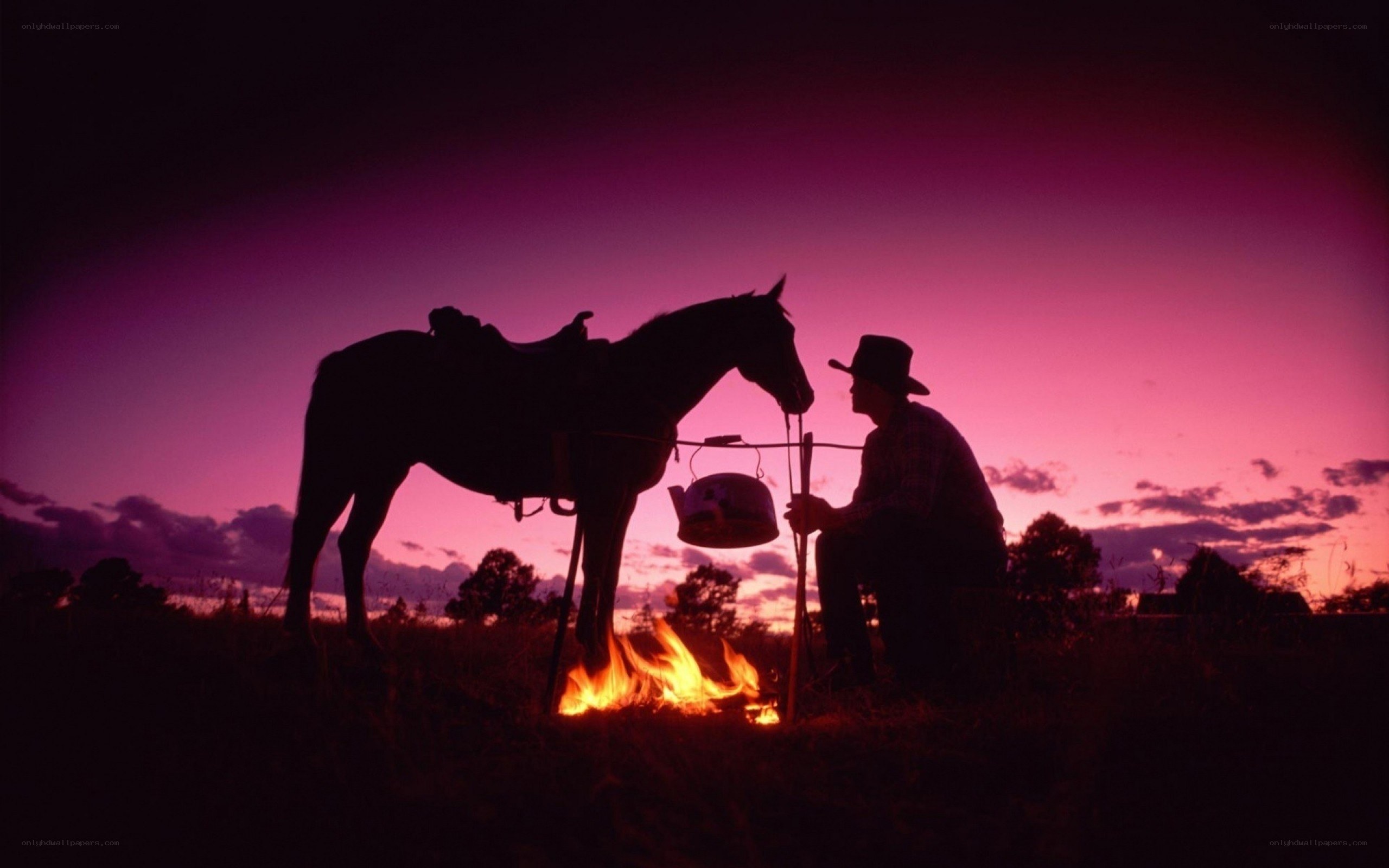 Cowboy by campfire at sunset