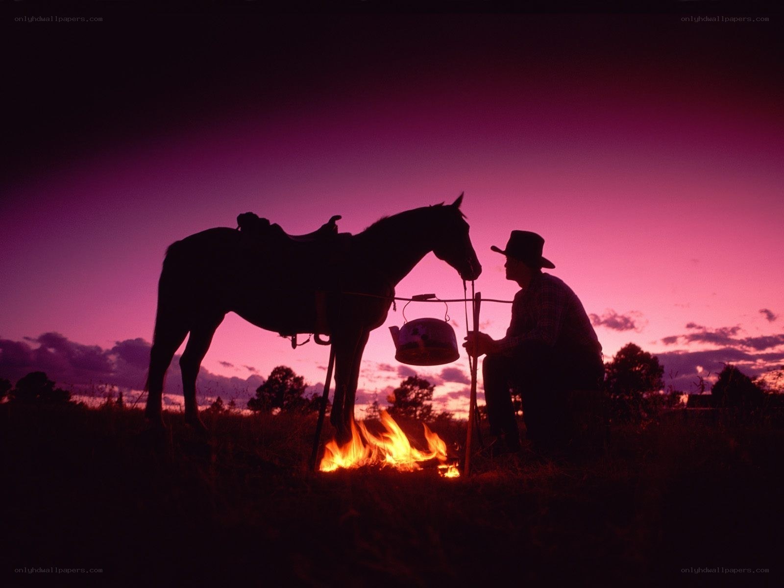 Cowboy by campfire at sunset