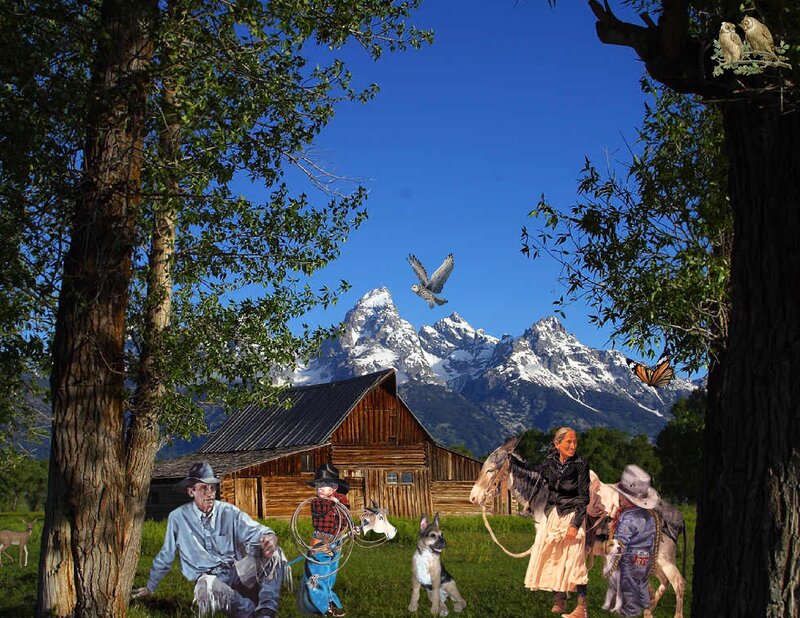 Cowboy family in mountain valley