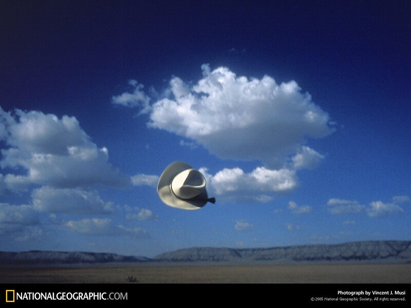 Cowboy hat flying in the desert