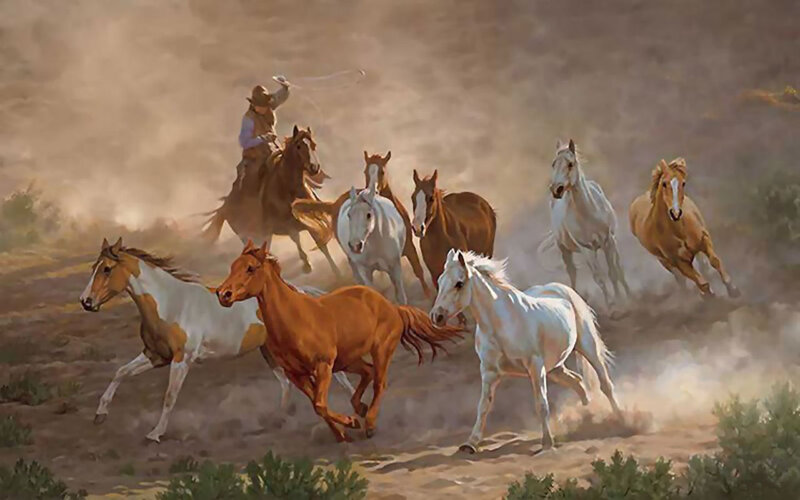 Cowboy Herding Horses — Brown, Dynamic, Afternoon