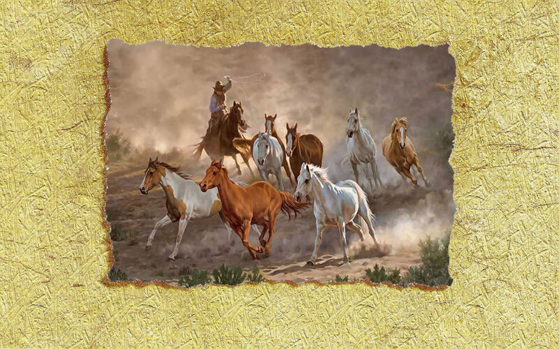 Cowboy Herding Horses — Brown, Dynamic, Painting