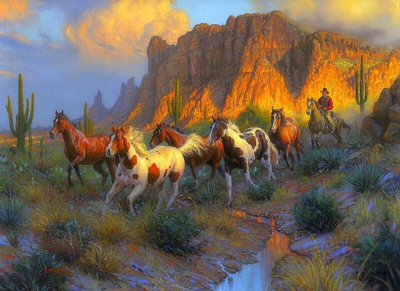 Cowboy Herding Horses — Orange, Dramatic