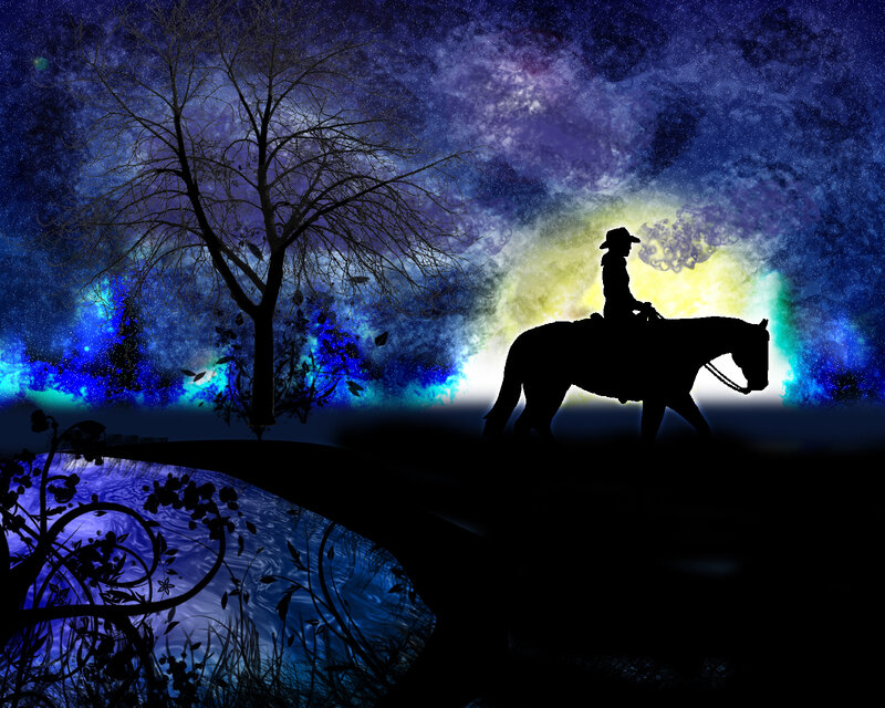 Cowboy on horse at night