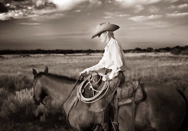 Cowboy on Horse — Black, Dramatic, Sunset, Photograph