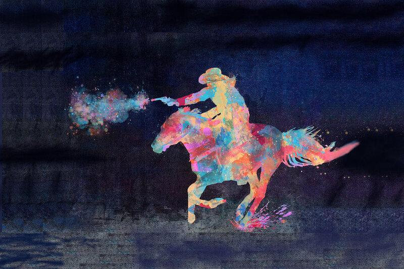 Cowboy on Horse — Blue, Dramatic, Night, Digital Art