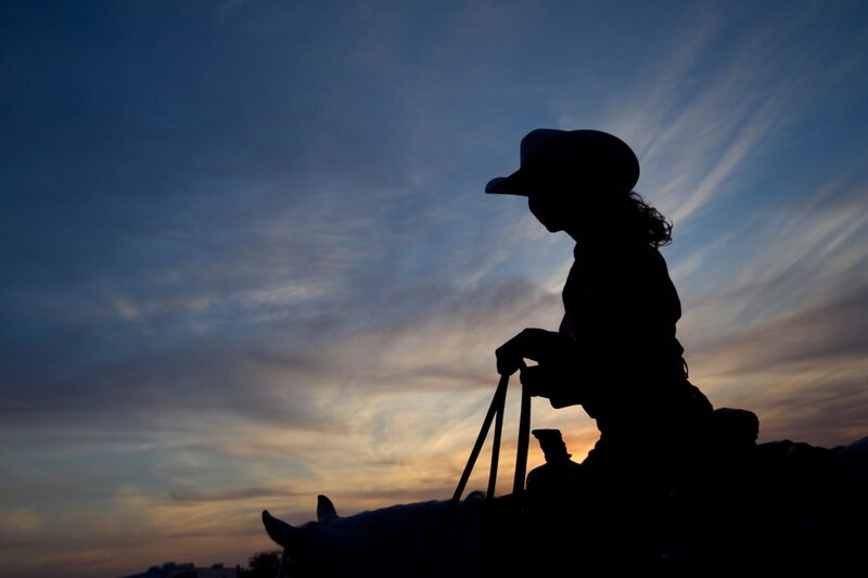 Cowboy on Horse — Blue, Dramatic, Sunset, Photograph, Sky
