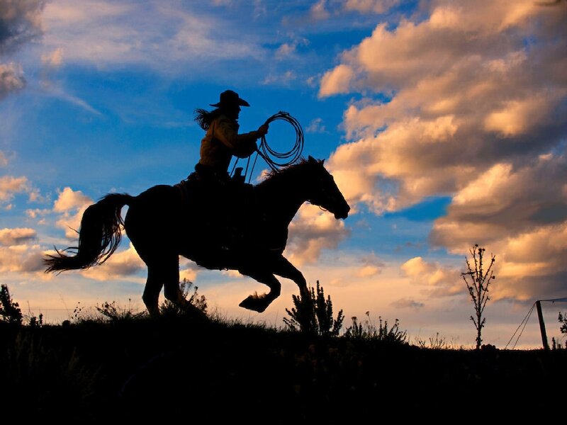 Cowboy on Horse — Blue, Dramatic, Sunset, Photograph