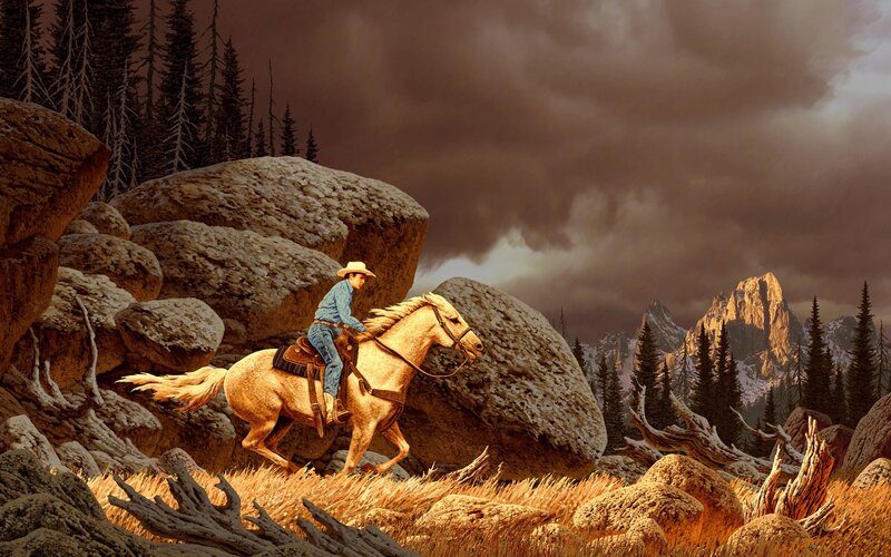 Cowboy on Horse — Brown, Dramatic, Sunset, Painting