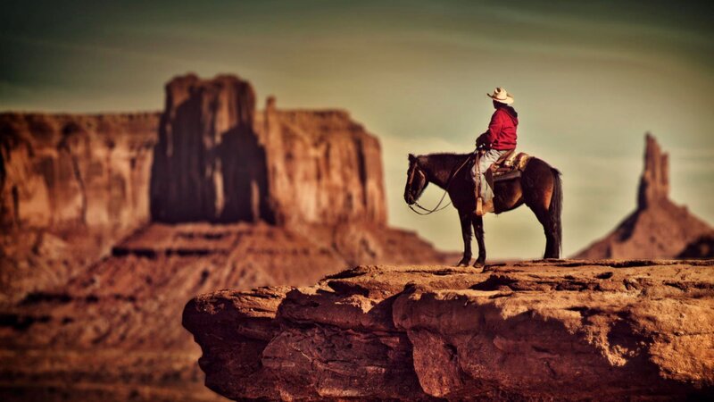 Cowboy on Horse — Brown, Dramatic, Sunset, Photograph