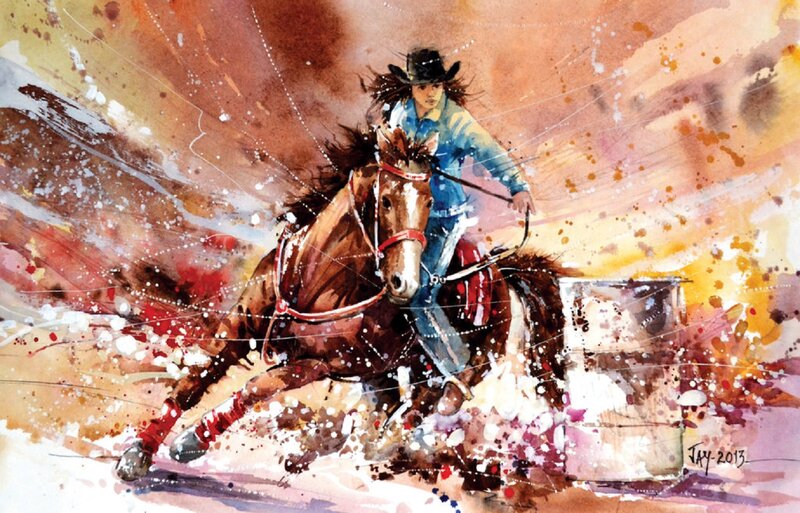 Cowboy on Horse — Brown, Dynamic, Painting
