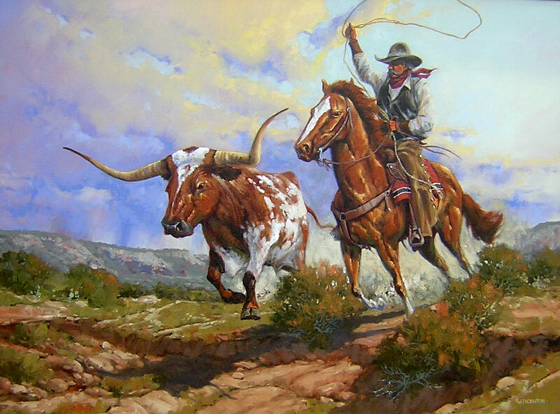 Cowboy on Horse Chasing Bull
