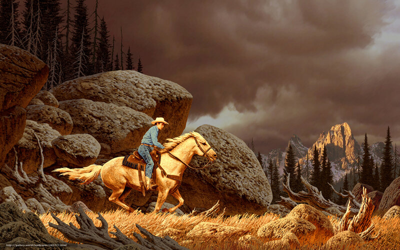 Cowboy on horse in mountain landscape