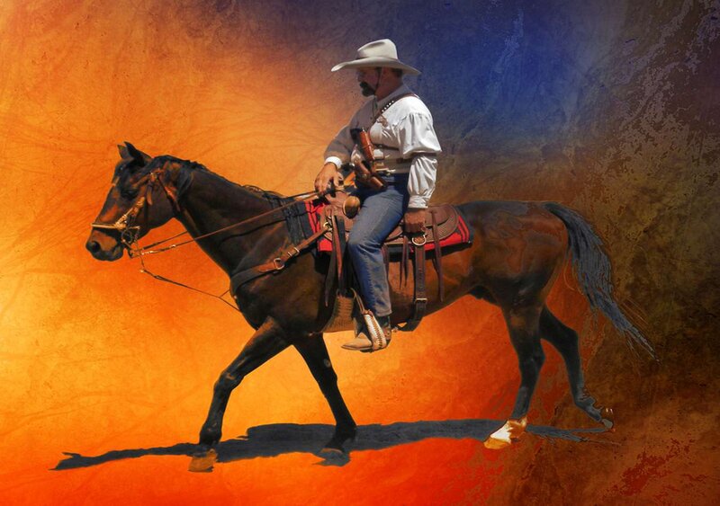 Cowboy on Horse — Orange, Dramatic, Painting