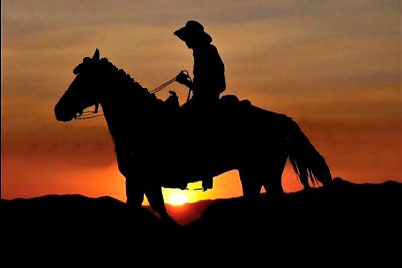 Cowboy on Horse — Orange, Dramatic, Sunset, Photograph, Mountain