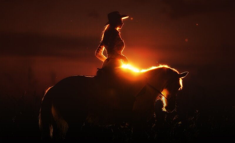 Cowboy on Horse — Orange, Dramatic, Sunset, Photograph, Silhouette