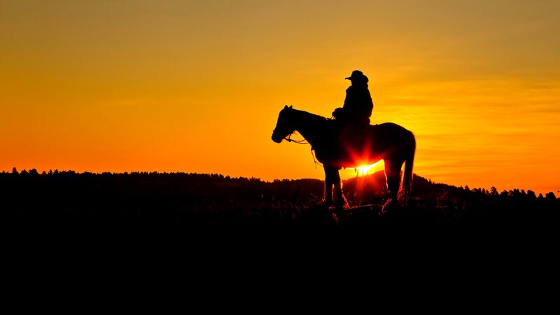 Cowboy on Horse — Orange, Dramatic, Sunset, Photograph