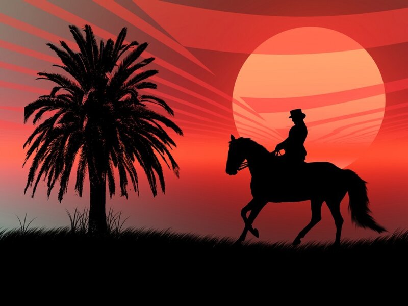Cowboy on Horse — Red, Dramatic, Sunset, Digital Art