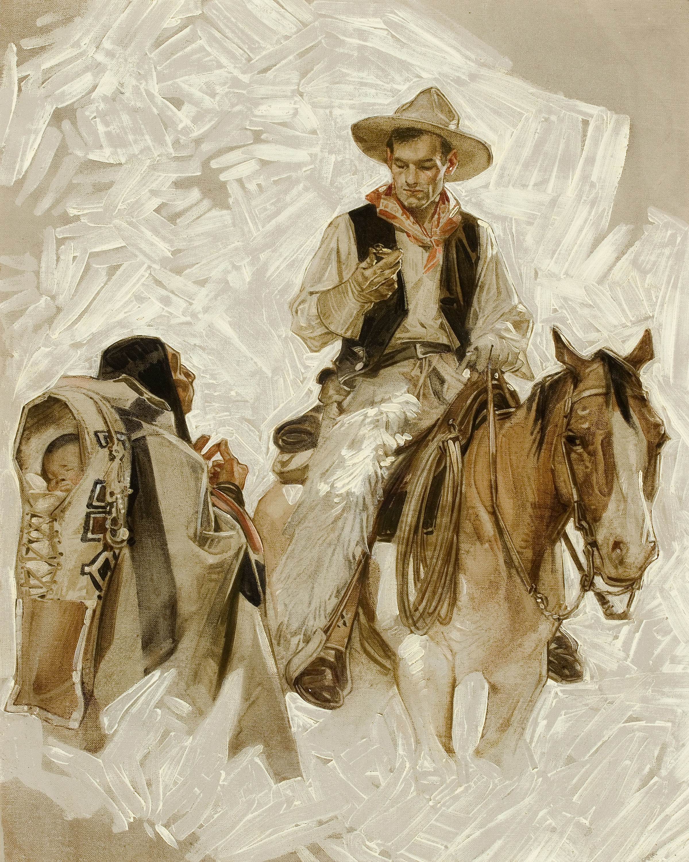 Cowboy on horse with Native American