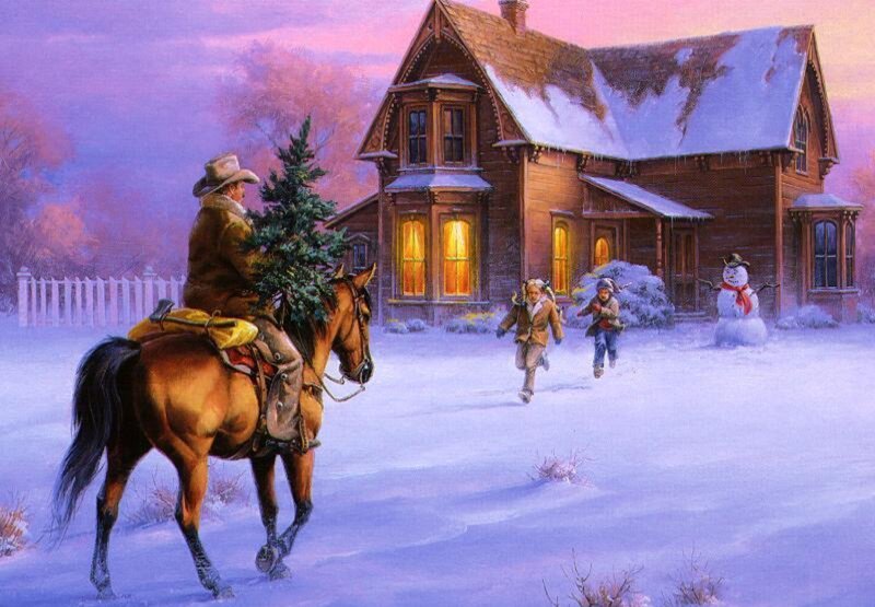 Cowboy on Horse with Tree