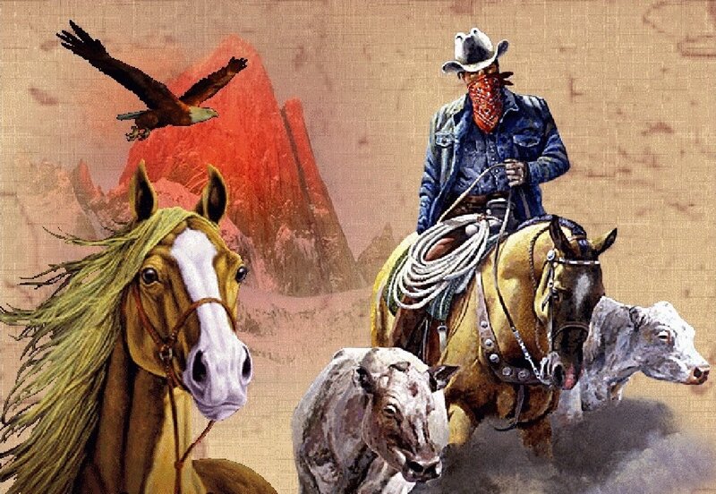 Cowboy on Horseback — Brown, Dramatic, Afternoon, Illustration