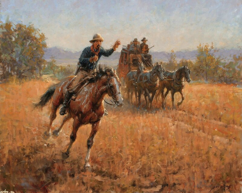 Cowboy on Horseback — Brown, Dramatic, Afternoon, Painting