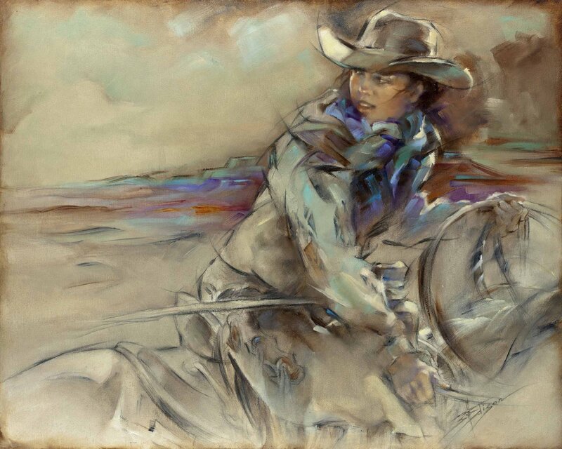 Cowboy on Horseback — Brown, Dramatic, Painting, Horse