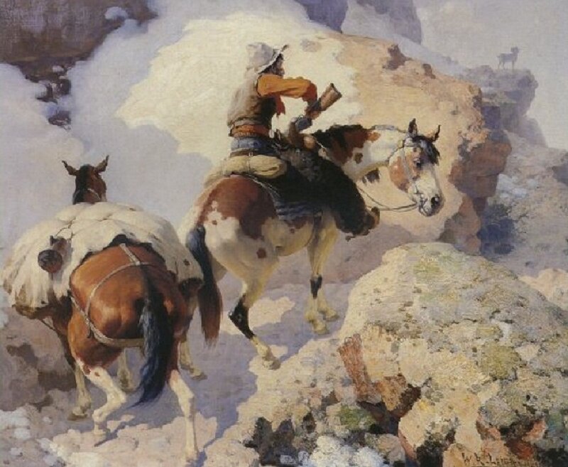 Cowboy on Horseback — Brown, Dramatic, Painting