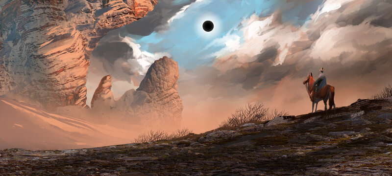 Cowboy on Horseback — Brown, Dramatic, Sunset, Digital Art