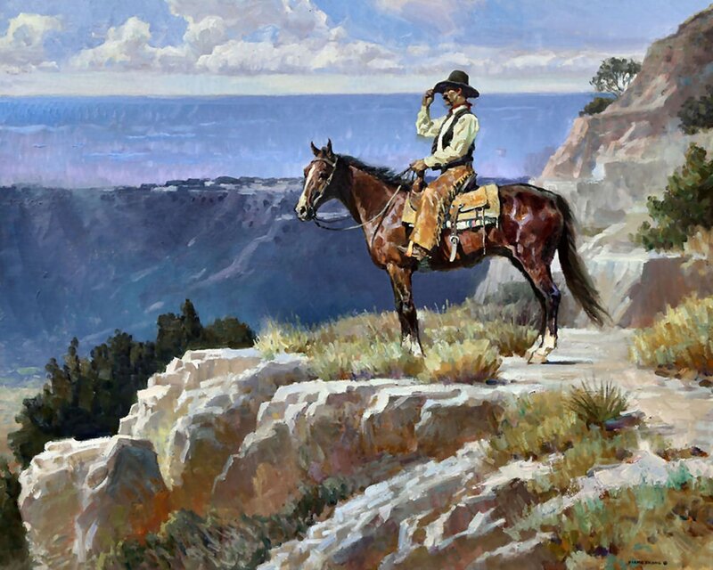Cowboy on Horseback — Brown, Serene, Afternoon