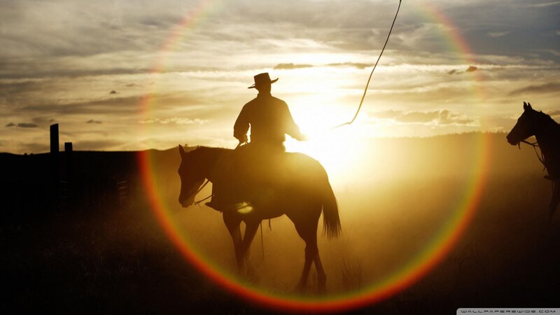Cowboy on Horseback — Gold, Dramatic, Sunset, Photograph