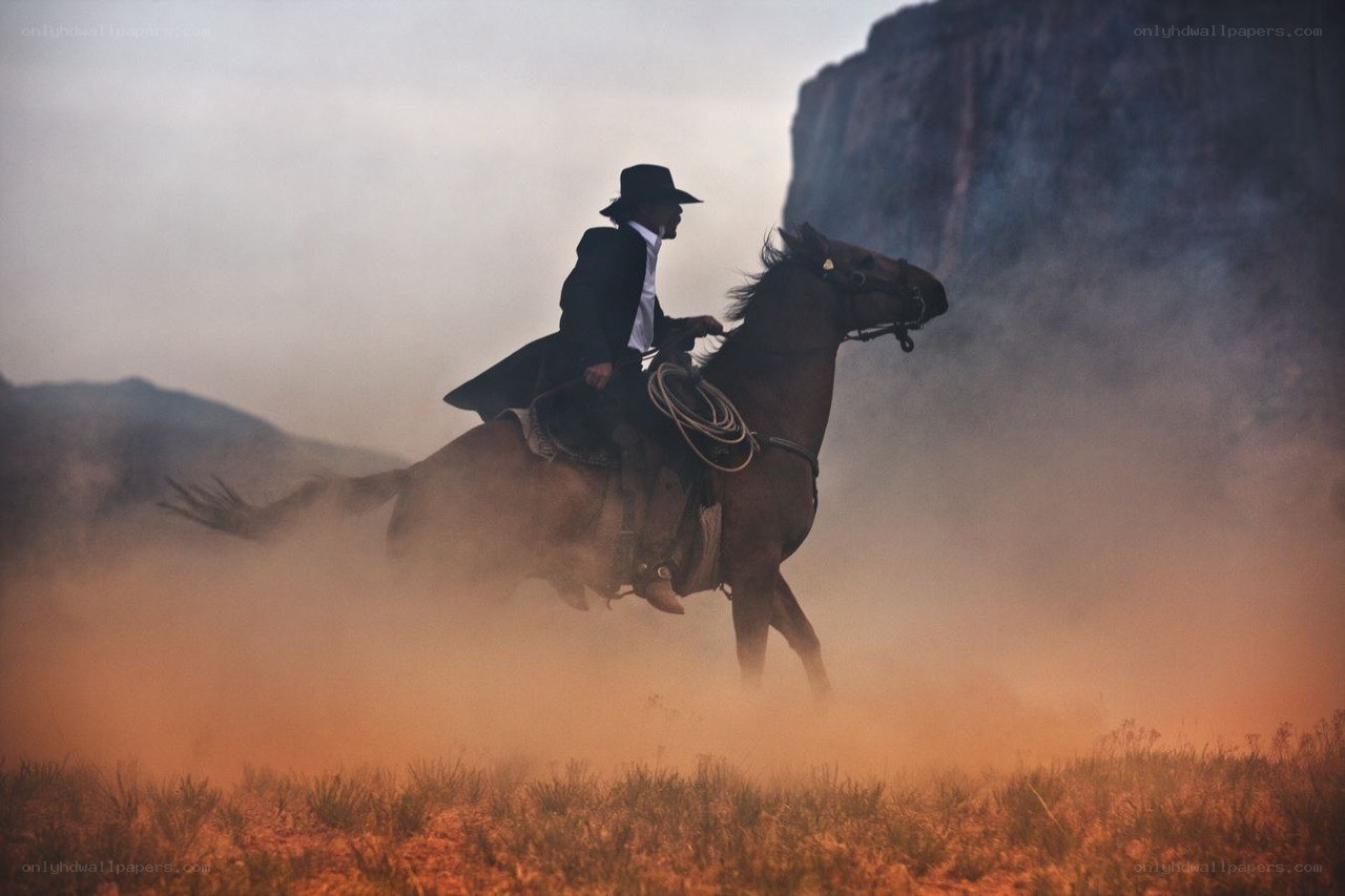 Cowboy on horseback in dust