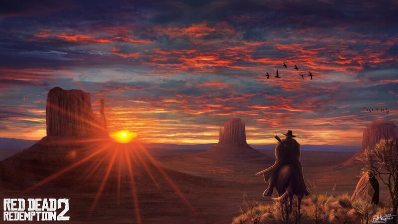 Cowboy on Horseback — Orange, Dramatic, Sunset, Digital Art