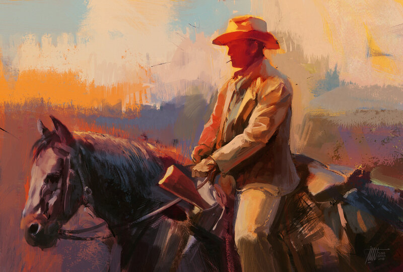Cowboy on Horseback — Orange, Dramatic, Sunset, Painting