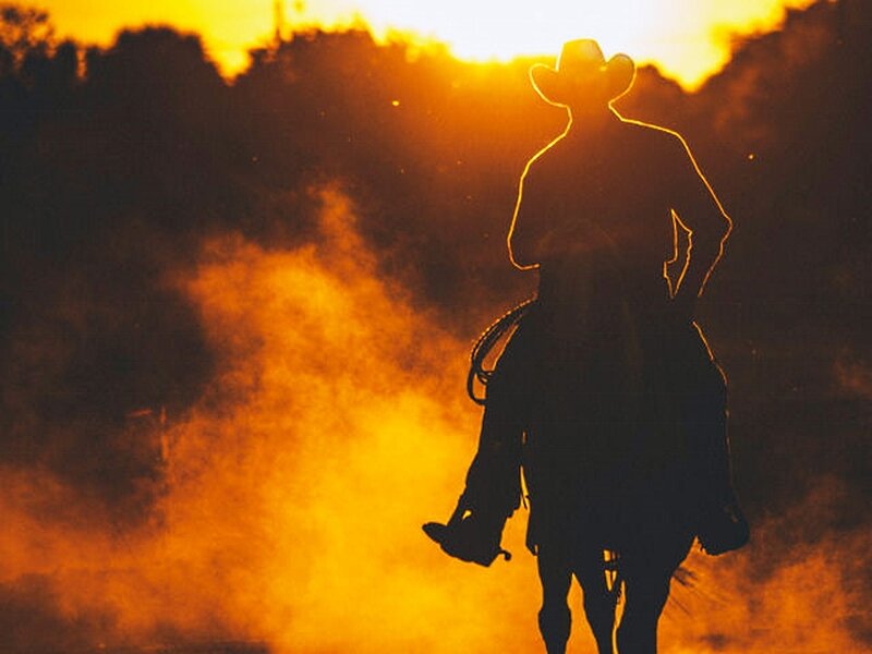 Cowboy on Horseback — Orange, Dramatic, Sunset, Photograph