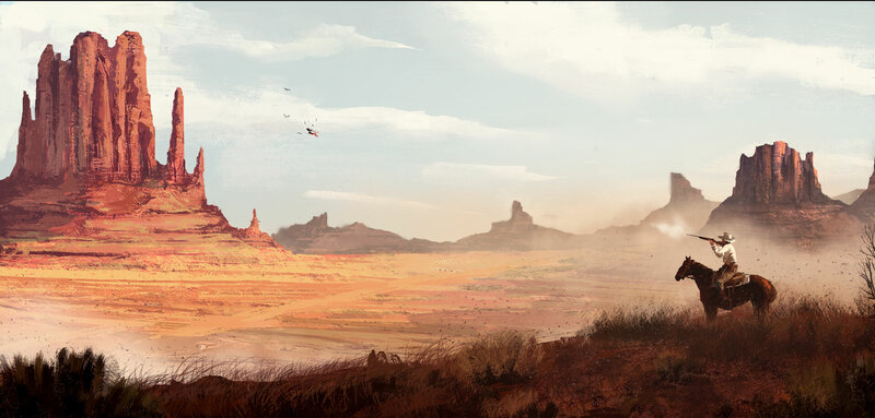 Cowboy on Horseback — Red, Dramatic, Afternoon