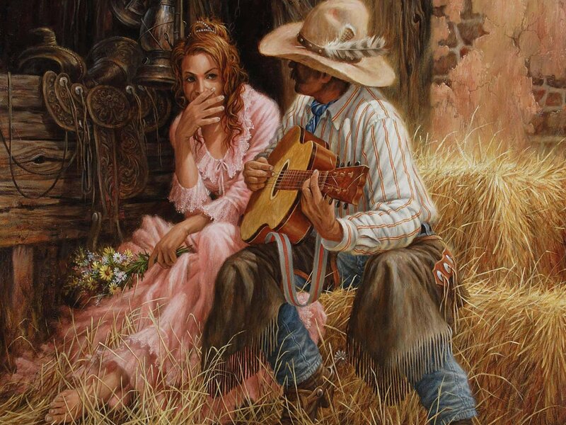 Cowboy Playing Guitar — Brown, Romantic, Afternoon