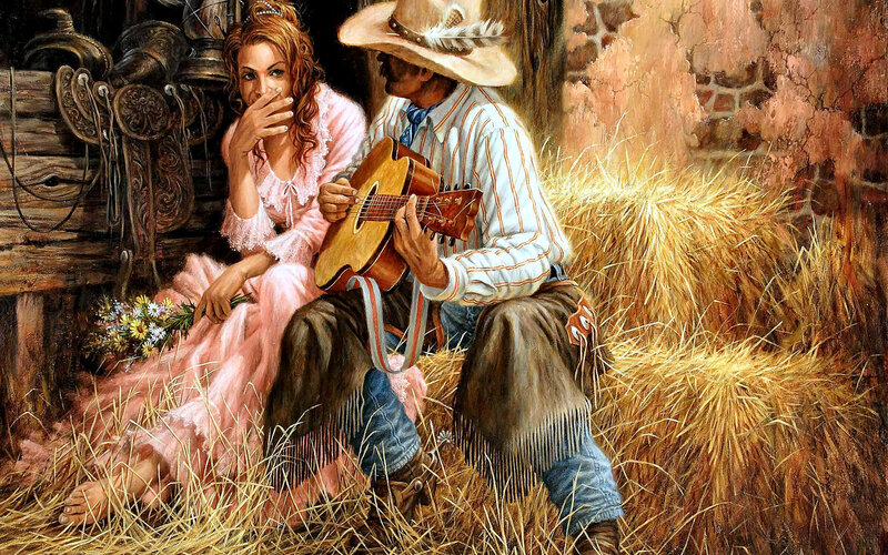Cowboy Playing Guitar — Brown, Romantic, Painting
