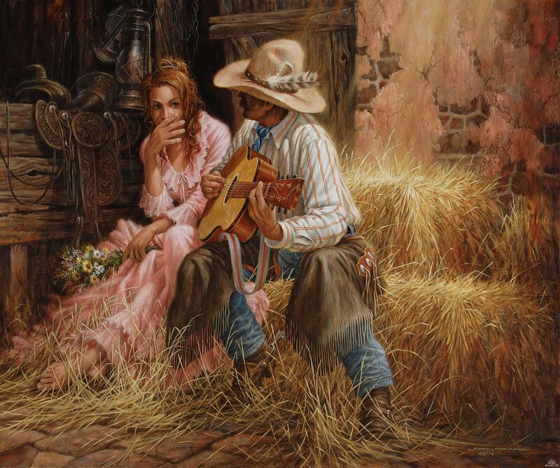 Cowboy playing guitar for woman