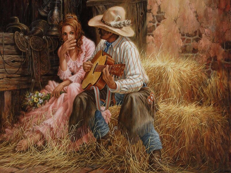 Cowboy playing guitar for woman