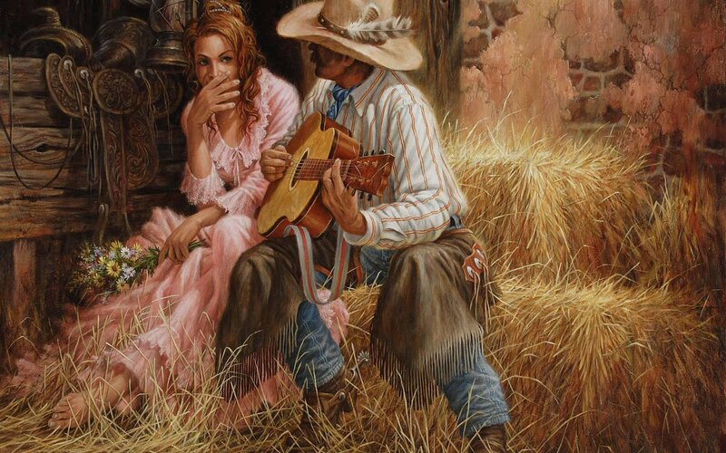 Cowboy playing guitar for woman