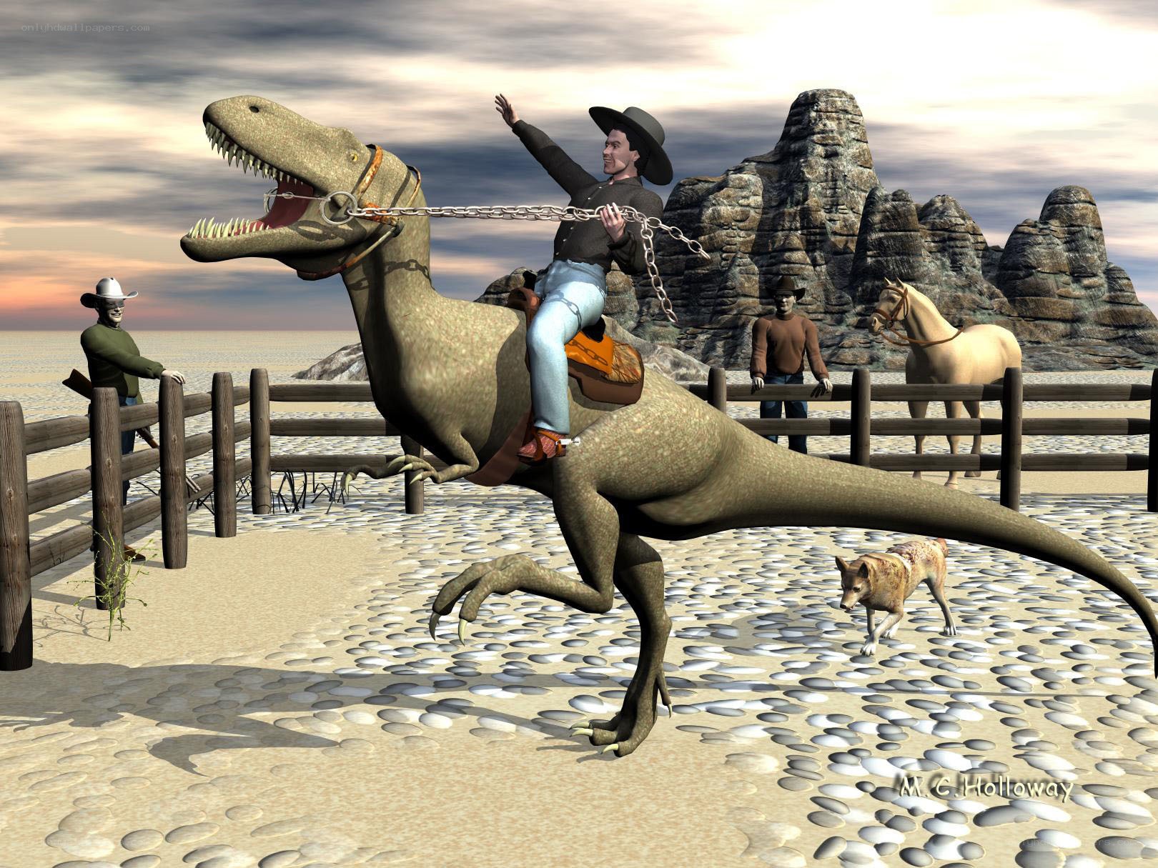 Cowboy riding a dinosaur