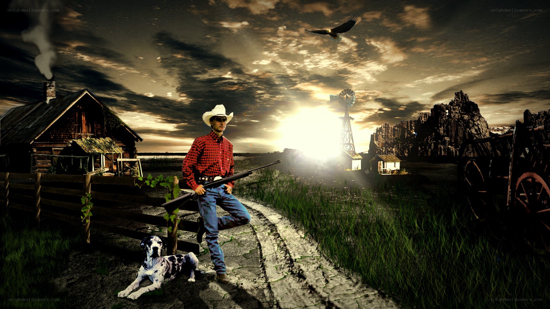 Cowboy with dog at sunset