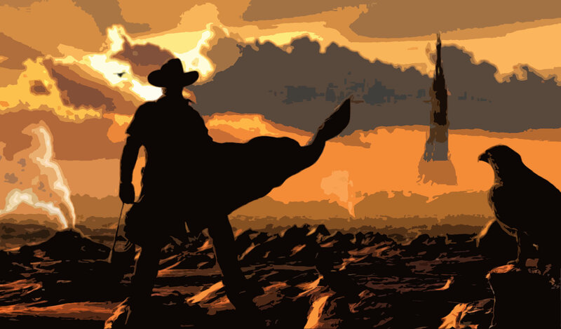 Cowboy with eagle at sunset